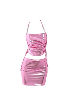 SNOMYRS Wet Look Rave-Outfits Collier en cuir PVC brillant Mini jupe Set holographique Licol Party Clubwear Festival de musiq