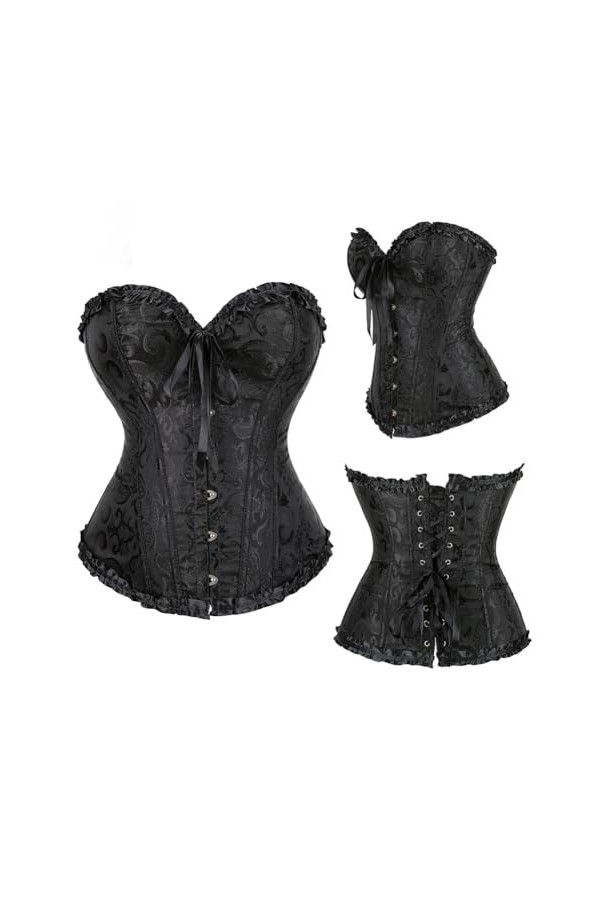 Niiyyjj Corset en jacquard pour femme - Bustier sexy à lacets en brocart - Costume vintage, noir/rouge, 3X-Large