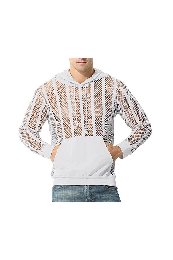 Male Sexy Party Hollow Mesh Hoodies Solide Manches Longues Poche À Capuche Blouse Pack Pull Yellow, XL 