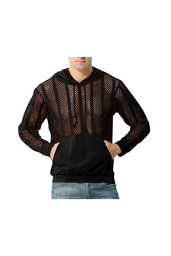 Male Sexy Party Hollow Mesh Hoodies Solide Manches Longues Poche À Capuche Blouse Pack Pull Yellow, XL 