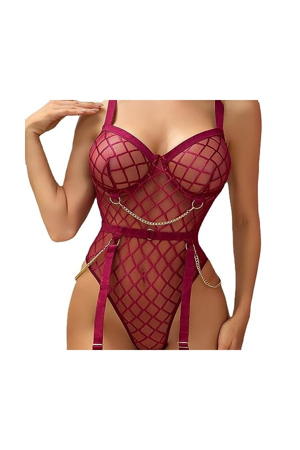 SNOMYRS Ensemble de lingerie en maille avec porte-jarretelles et ceinture