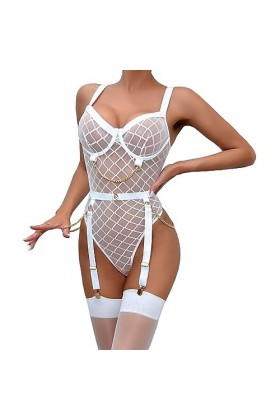 SNOMYRS Ensemble de lingerie en maille avec porte-jarretelles et ceinture