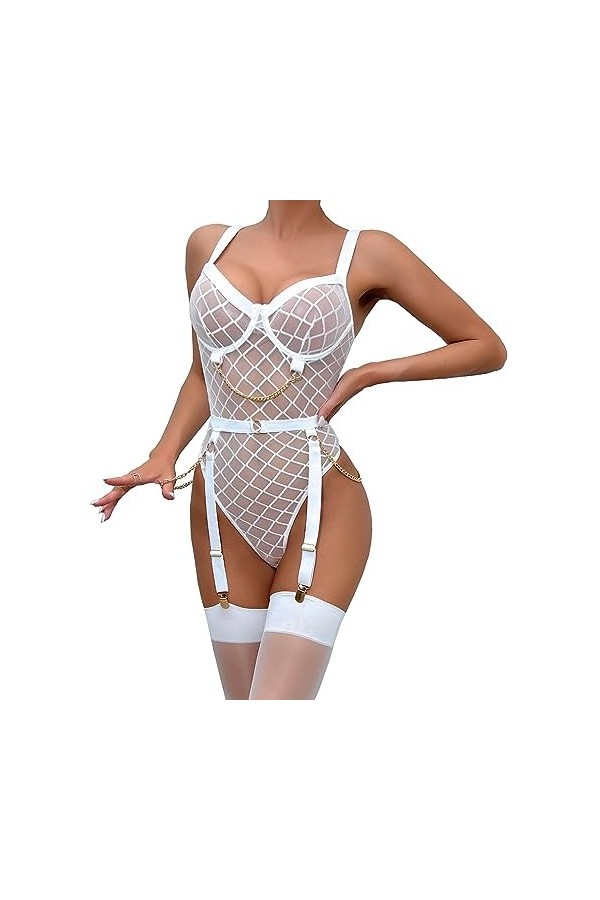 SNOMYRS Ensemble de lingerie en maille avec porte-jarretelles et ceinture