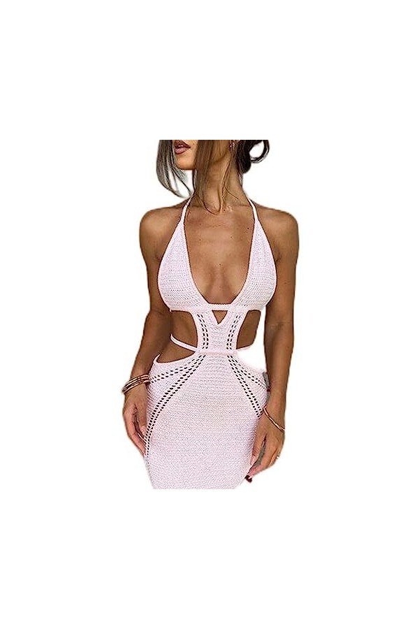 SHANHE Crochet Licou Cou sans Manches Dos Nu Couleur Unie découpé Pansement Sexy Mince Maxi Robe de Bal Hiver Festival fête C
