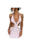 SHANHE Crochet Licou Cou sans Manches Dos Nu Couleur Unie découpé Pansement Sexy Mince Maxi Robe de Bal Hiver Festival fête C