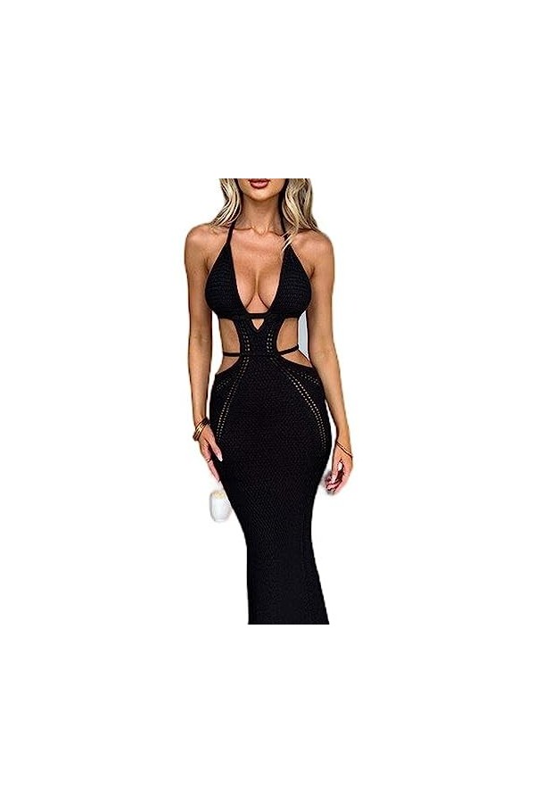 SHANHE Crochet Licou Cou sans Manches Dos Nu Couleur Unie découpé Pansement Sexy Mince Maxi Robe de Bal Hiver Festival fête C