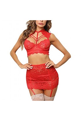 HELLORSOON Femme Sexy sous-vêtements Ajouré Moulant Ensemble Soutien-Gorge et Culotte Résille hypnotique Body en Dentelle pou