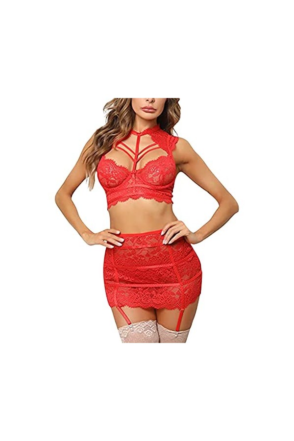 HELLORSOON Femme Sexy sous-vêtements Ajouré Moulant Ensemble Soutien-Gorge et Culotte Résille hypnotique Body en Dentelle pou