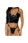 HELLORSOON Femme Sexy Lingerie en Cuir Érotique Glamour Cuir Corset Ensemble Soutien-Gorge Corbeille et Culotte Bas Ouverture