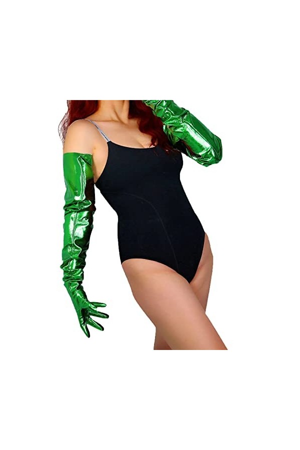 DooWay Gants longs en cuir synthétique verni effet mouillé pour femme, Vert métallisé 90 cm, M
