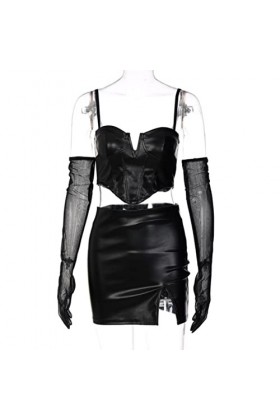 VUHF Slip en Cuir PU avec Manche détachable Dossier Sexy Crop Top Top Mini Robe 2 pièces Ensemble 2021 Femmes dhiver Automne