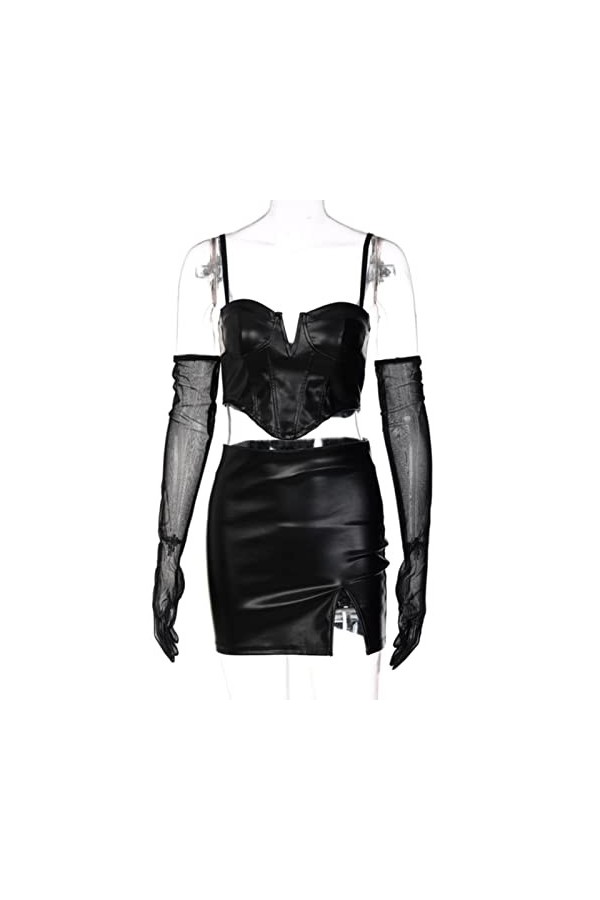VUHF Slip en Cuir PU avec Manche détachable Dossier Sexy Crop Top Top Mini Robe 2 pièces Ensemble 2021 Femmes dhiver Automne