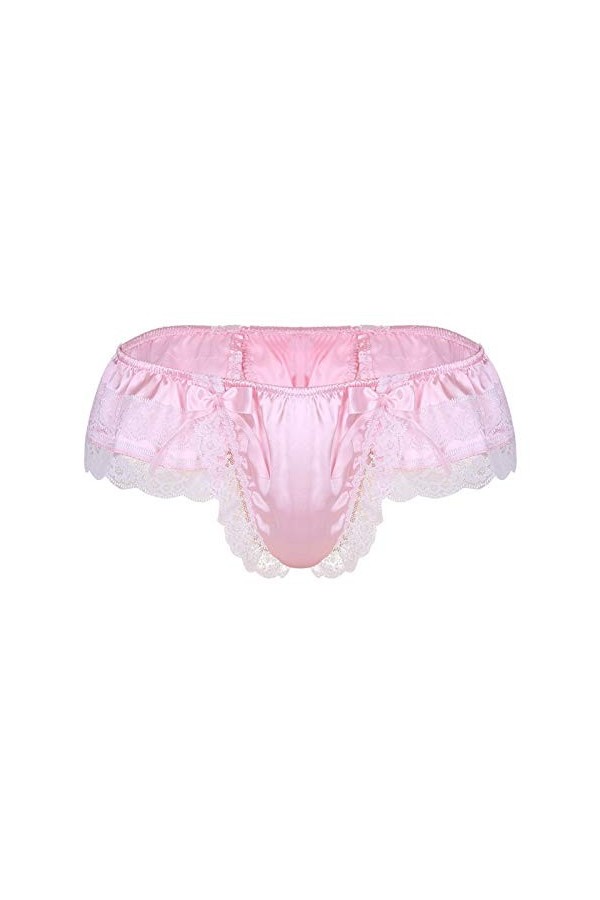 Élégant Hommes Bikini Thong sous-vêtements Brillant Satin Lingerie Culotte Dentelle avec Bowknot Color : Pink, Size : M 