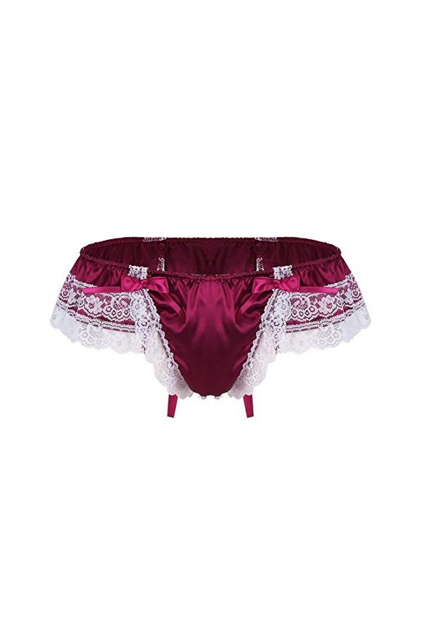 Élégant Hommes Bikini Thong sous-vêtements Brillant Satin Lingerie Culotte Dentelle avec Bowknot Color : Pink, Size : M 