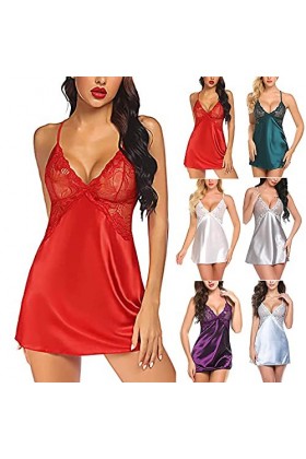 Pyjama sexy en satin pour femme - Lingerie sexy en dentelle, Bleu clair, M