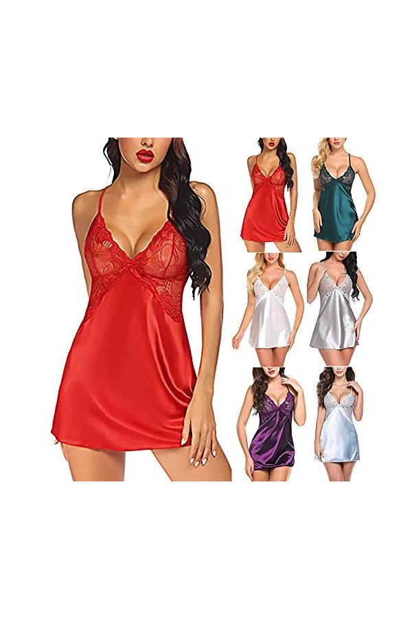 Pyjama sexy en satin pour femme - Lingerie sexy en dentelle, Bleu clair, M