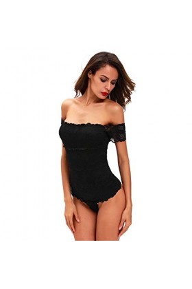 Mesdames Manches Courtes Sexy sous-Vêtements en Dentelle Sexy Une Ligne De Bretelles Cou Moulant dune Seule Pièce De Lingeri