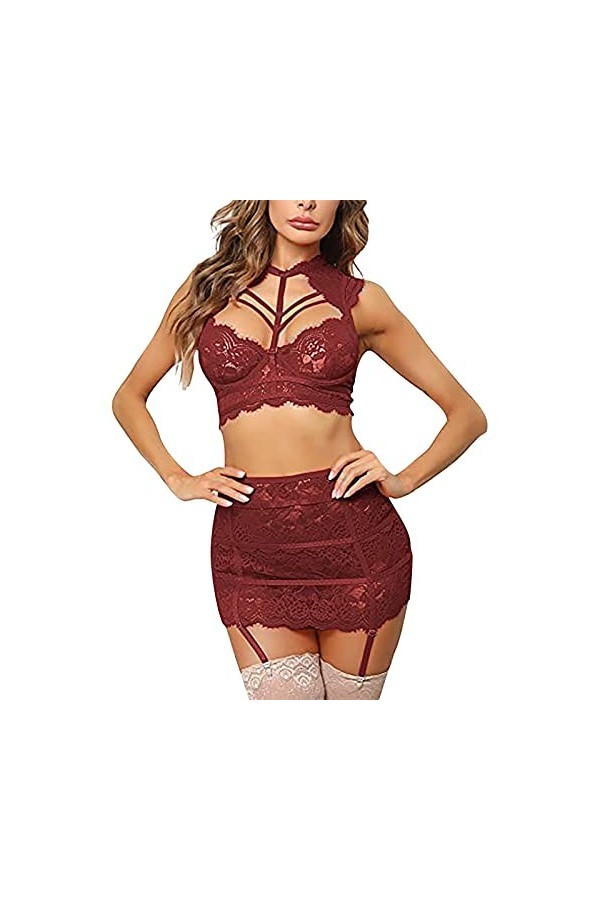 HELLORSOON Femme Sexy sous-vêtements Ajouré Moulant Ensemble Soutien-Gorge et Culotte Résille hypnotique Body en Dentelle pou