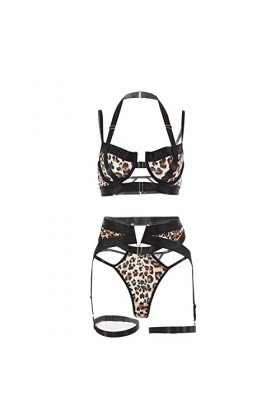Femmes Sexy Leopard Imprimer Trois pièces Lingerie sous-vêtements Split Costume Chaussette Sexy