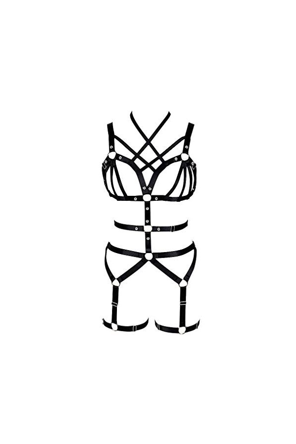 BODYCAGE Harnais de corps femme soutien-gorge Cage à lingerie ensemble Gothique Festival Rave Punk Jarretière ceinture Faire 
