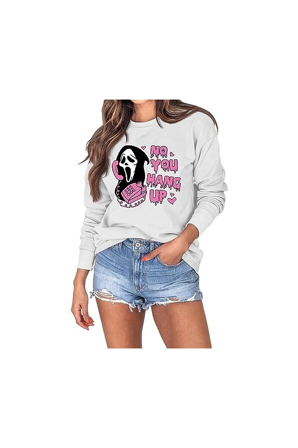 Qoier Femmes Chemises à Manches Longues col Rond mélange de Coton Pull Classique Coupe Ample drôle Graphique Vintage Hallowee