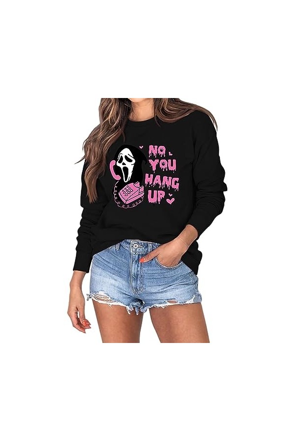 Qoier Femmes Chemises à Manches Longues col Rond mélange de Coton Pull Classique Coupe Ample drôle Graphique Vintage Hallowee