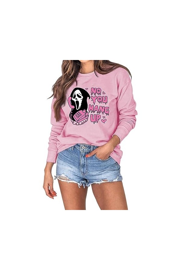 Qoier Femmes Chemises à Manches Longues col Rond mélange de Coton Pull Classique Coupe Ample drôle Graphique Vintage Hallowee