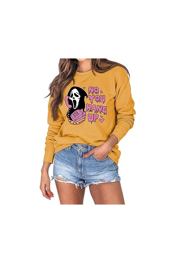 Qoier Femmes Chemises à Manches Longues col Rond mélange de Coton Pull Classique Coupe Ample drôle Graphique Vintage Hallowee