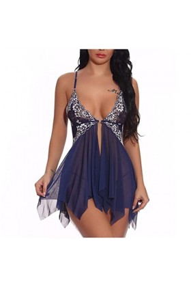 LNSIN Vêtement de nuit sexy pour femme - Robe de nuit en dentelle - Sans manches - Robe sexy pour la maison