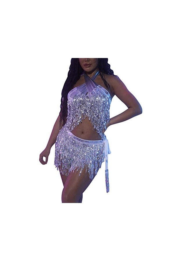 Yinguo Ensemble de sous-vêtements sexy pour femme - Pour danse du ventre - Avec paillettes et pompons - Pour grand homme - Ar