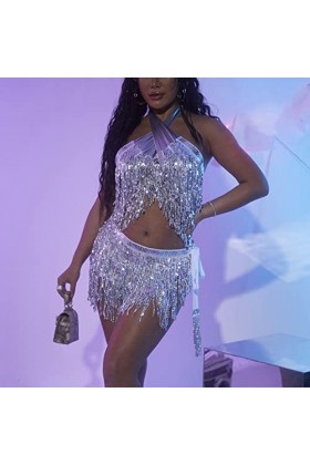 Yinguo Ensemble de sous-vêtements sexy pour femme - Pour danse du ventre - Avec paillettes et pompons - Pour grand homme - Ar