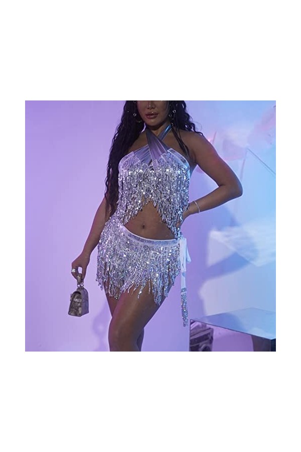 Yinguo Ensemble de sous-vêtements sexy pour femme - Pour danse du ventre - Avec paillettes et pompons - Pour grand homme - Ar