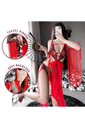 Juig Femmes Sexy Lingerie Cosplay Costumes Ruban Dentelle Danse Costume Érotique Voir À Travers Rouge Mince Courbe Body Robe 