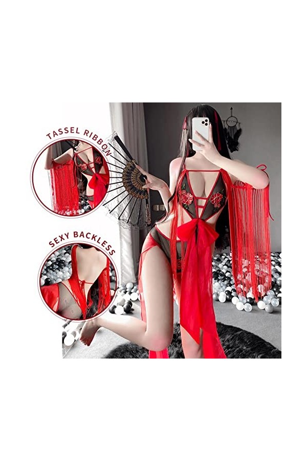 Juig Femmes Sexy Lingerie Cosplay Costumes Ruban Dentelle Danse Costume Érotique Voir À Travers Rouge Mince Courbe Body Robe 