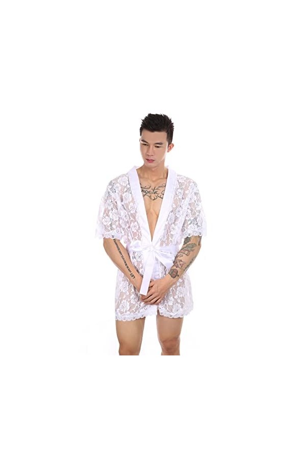 SDGTMYJSY Homme Slip Sportif Tanga Thong Mens See-Through Lace Sissy Night-Robe Lingerie Sissy Crossdresser Nightwear Short S