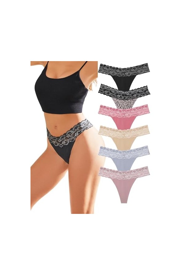 BeReady Lot de 6 strings pour femme - Sous-vêtements sexy en dentelle - Sous-vêtements sexy pour femme - Tailles S à XL, Lot 