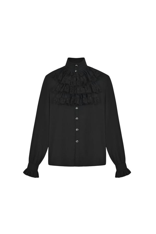 Nouvelle Mode Gothique à Volants col Montant à Manches Longues Cravate Chemise Poignets plissés Chemise pour Hommes - Noir - 