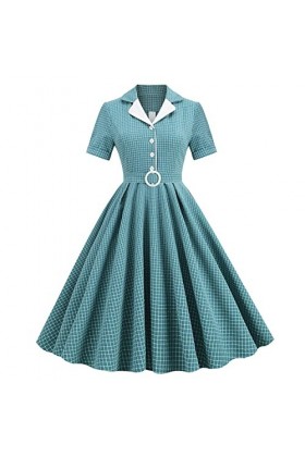 Hepburn Robe élégante vintage pour femme - Col à revers - Manches courtes - Coupe cintrée - Swing - Robe de plage - Rockabill