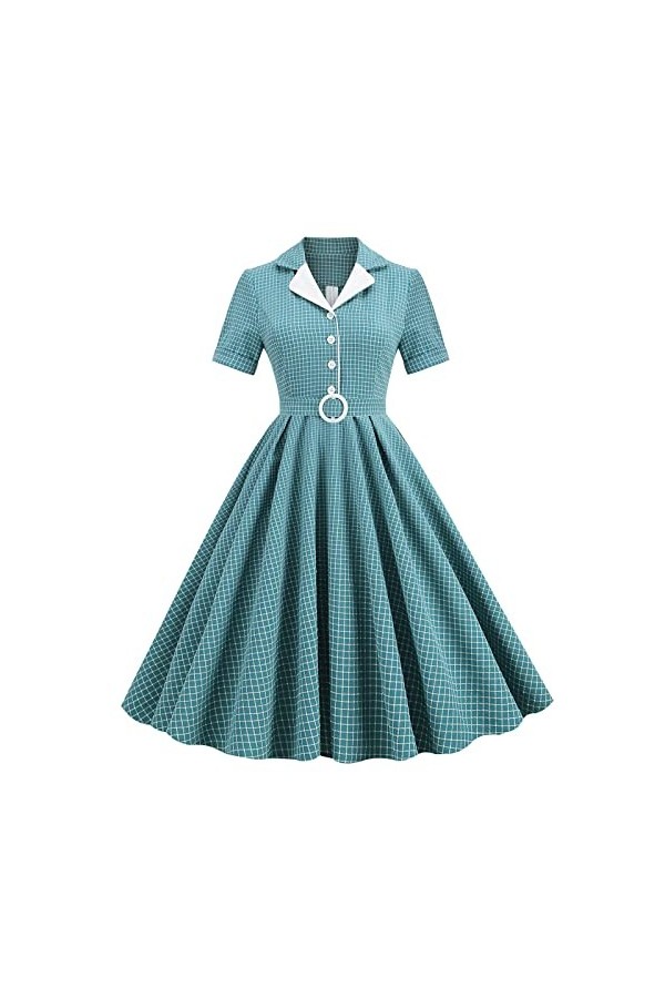 Hepburn Robe élégante vintage pour femme - Col à revers - Manches courtes - Coupe cintrée - Swing - Robe de plage - Rockabill