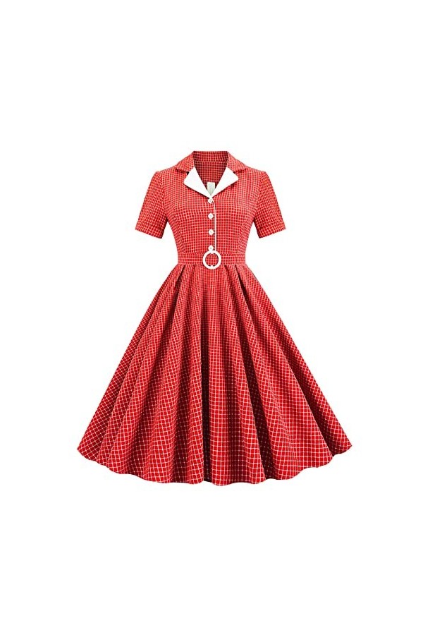 Hepburn Robe élégante vintage pour femme - Col à revers - Manches courtes - Coupe cintrée - Swing - Robe de plage - Rockabill