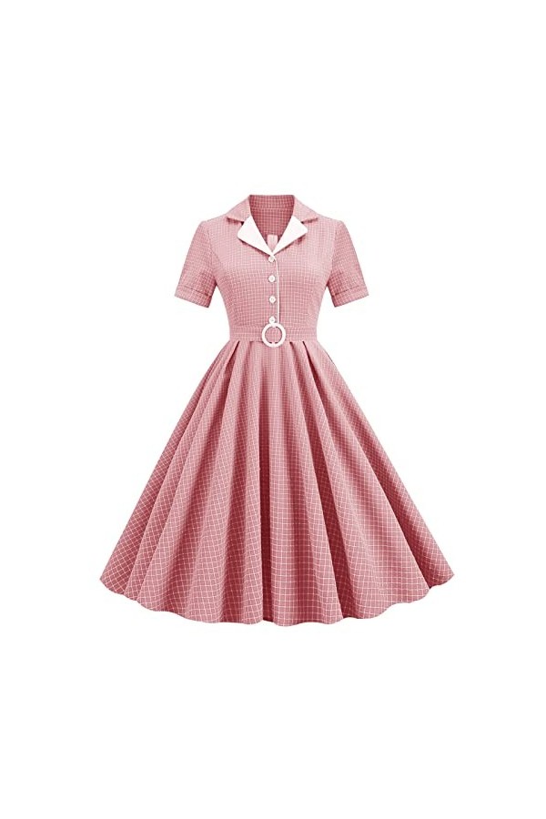 Hepburn Robe élégante vintage pour femme - Col à revers - Manches courtes - Coupe cintrée - Swing - Robe de plage - Rockabill