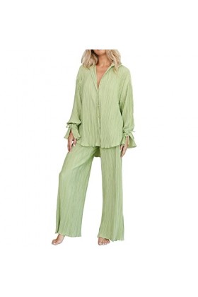 Ensemble de Pyjama Femme 2 pièces Pyjama en Satiné De Soie avec Poche Manche Longue Classique VêTements de Nuit avec col en 