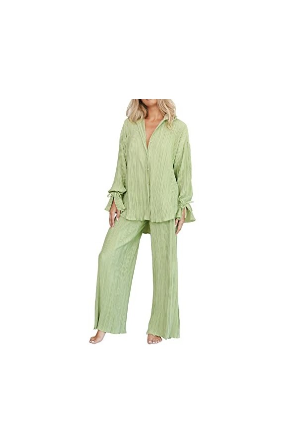 Ensemble de Pyjama Femme 2 pièces Pyjama en Satiné De Soie avec Poche Manche Longue Classique VêTements de Nuit avec col en 
