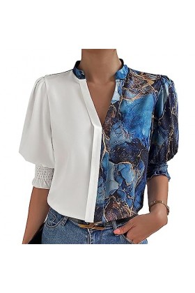 Shanrya Haut à Blocs de Couleur pour Femmes, Pull dété à Manches Courtes imprimé décontracté Col en V, Dames, Usage Quotidie