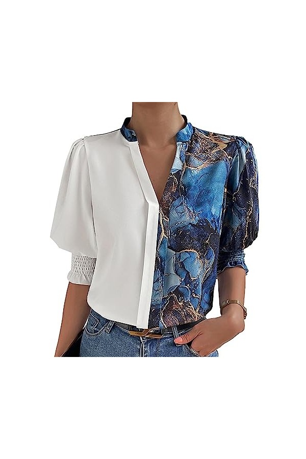 Shanrya Haut à Blocs de Couleur pour Femmes, Pull dété à Manches Courtes imprimé décontracté Col en V, Dames, Usage Quotidie