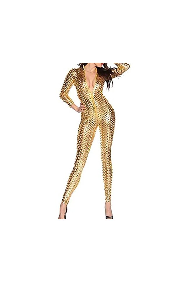 EXECAB Combinaison sexy ajourée pour femme - Combinaison une pièce métallique sexy et skinny - Taille 2XL - Argenté