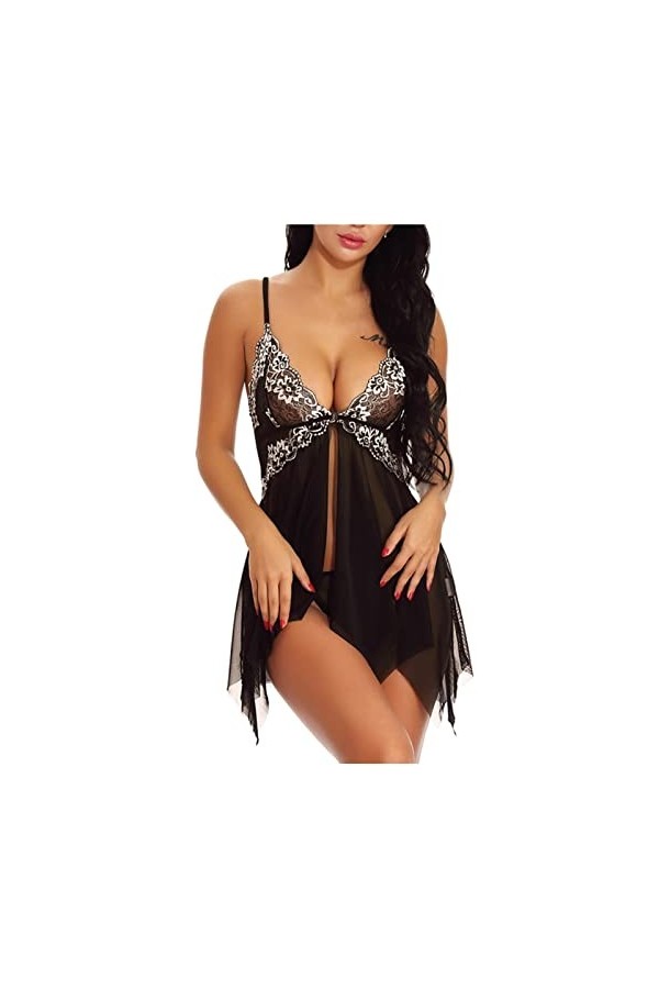 LNSIN Vêtement de nuit sexy pour femme - Robe de nuit en dentelle - Sans manches - Robe sexy pour la maison