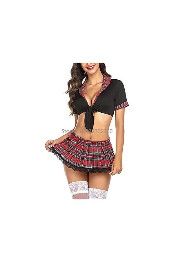 JUGGO Cheer Leader Costume Fille Uniforme Déguisement, School Girl Cosplay Uniforme Femmes Sexy Lingerie Tops Plaid Jupe Ense