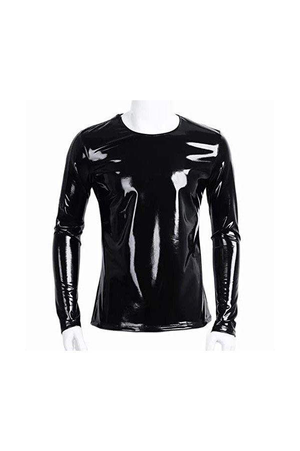 SARGE Chemise à Manches Longues en Cuir Brillant pour Hommes Manteau décontracté T-Shirt en Cuir Verni métallique Brillant po