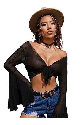 GORGLITTER Haut en maille pour femme Y2k - Manches longues - Col en V - Sexy - Manches trompette, Noir , L